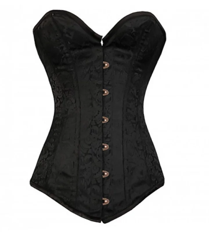 Plus Size Black Brocade Gothic Burlesque Costume Overbust Corset Waist Training Antique Busk Opening LONGLINE Bustier Top