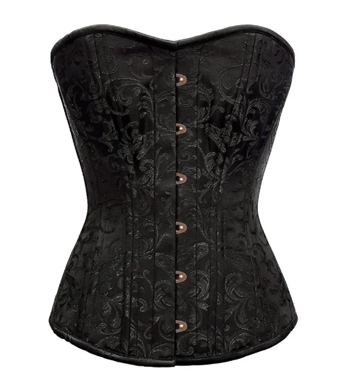 Plus Size Black Brocade Spiral Steel Boned Overbust Corset Antique Busk Front Opening Waist Training Bustier Top