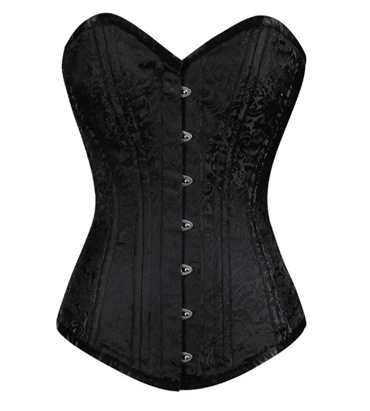 Plus Size Black Brocade Spiral Steel Overbust Boned Corset Burlesque Waist Training LONGLINE Bustier