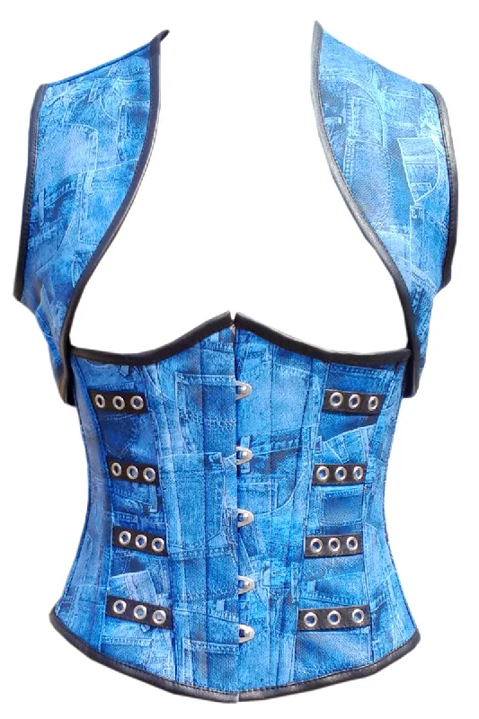 Blue Denim Print Leather Underbust Plus Size Corset Waist Training Top with Shrug