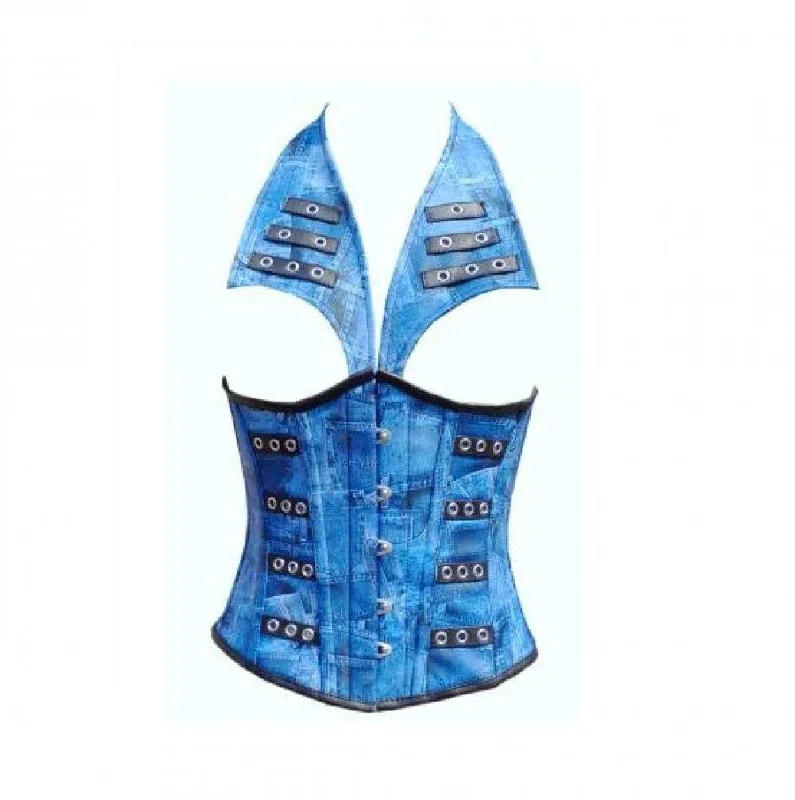 Blue Denim Print Leather with Collar Style Plus Size Corset Underbust Waist Training Top