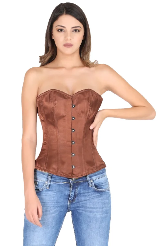 Plus Size Brown Satin Gothic Burlesque Costume Overbust Corset Waist Cincher Bustier Top