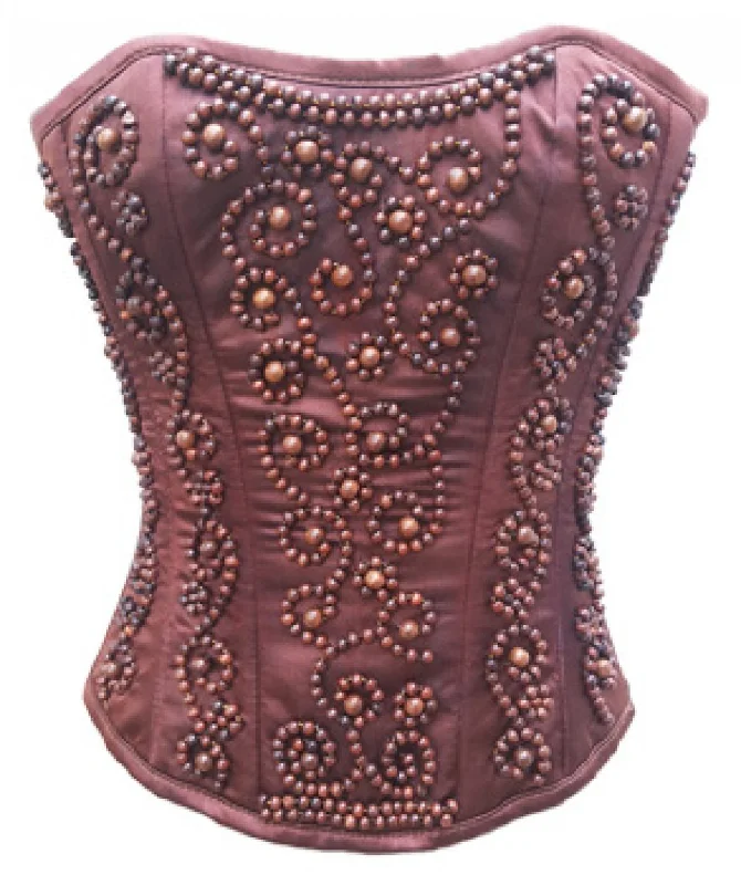 Burgundy Satin Wooden Sequins Overbust Plus Size Corset Top