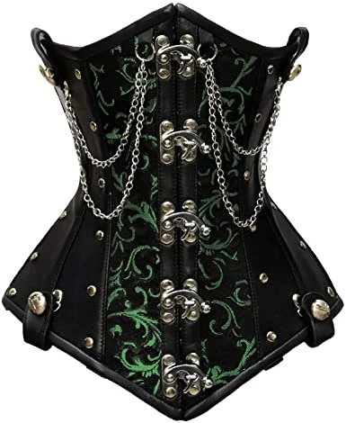 Crawford Green Brocade & Faux Leather Underbust Corset With Chain Details