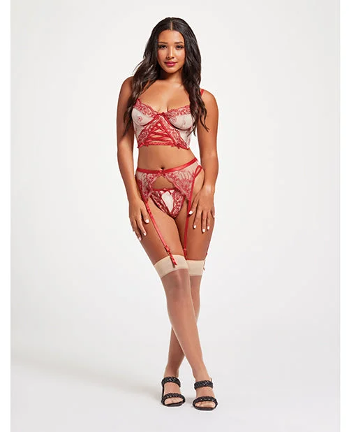 Sheer Stretch Mesh W/floral Contrast Embroidery Bustier, Garter Belt & Thong Red/nude