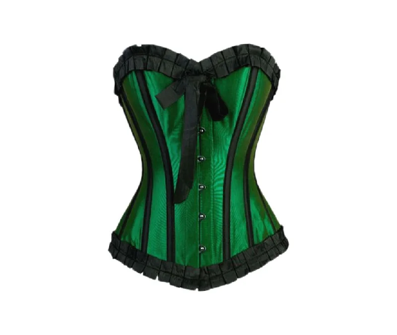 Green Satin Black Frill Retro Burlesque Plus Size Overbust Corset Waist Training