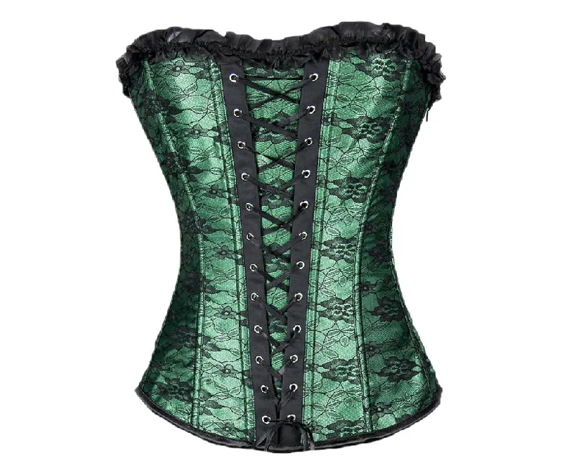 Green Satin Black Net Gothic Burlesque Plus Size Overbust Corset Waist Training