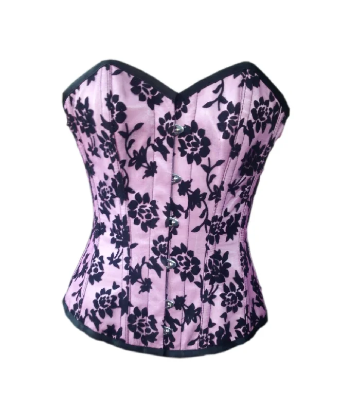 Pink Satin Black Tissue Flocking Overbust Plus Size Corset Waist Training