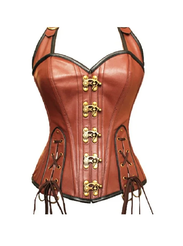 Brown Real Leather Lacing Design Overbust Plus Size Corset Waist Training