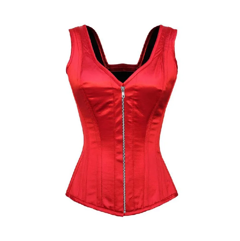 Plus Size Red Satin Shoulder Straps Silver Zipper Overbust Corset Gothic Burlesque Costume