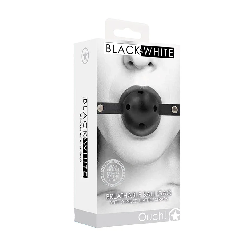 Ouch! Black & White Breathable Ball Gag With Bonded Leather Straps Black