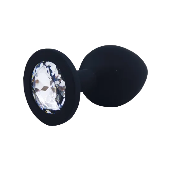 Everyday Sexy Black Silicone Butt Plug with Round Gem Medium - Clear