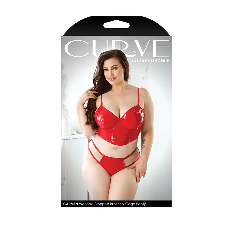 Fantasy Lingerie Curve Carmen Wetlook Cropped Bustier & Matching Cage Panty Red 3XL/4XL